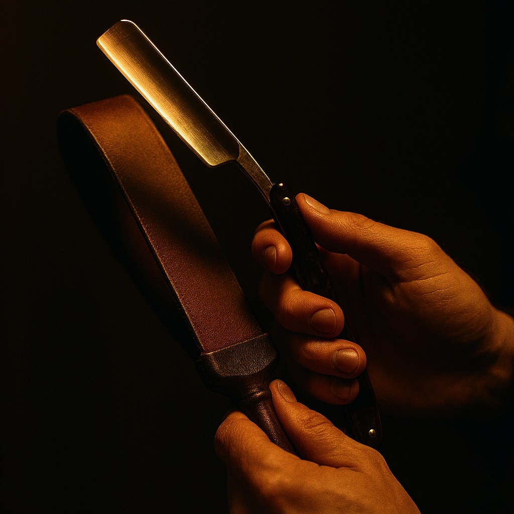 A straight razor honed against a leather strop