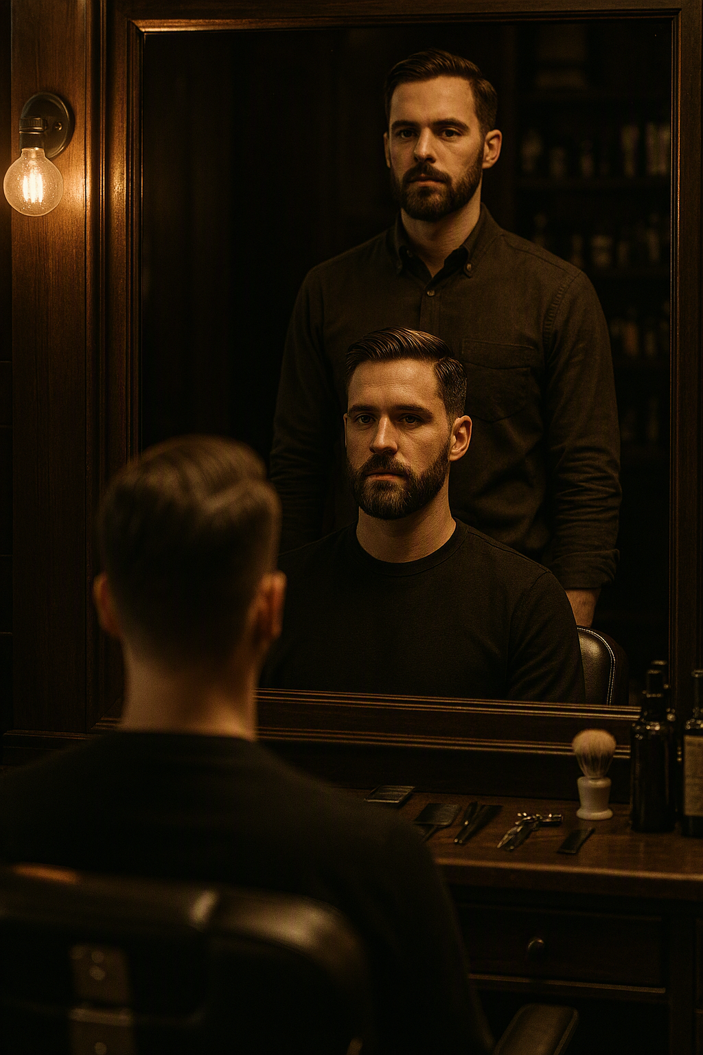 A barber standing behind a seated client at the mirror