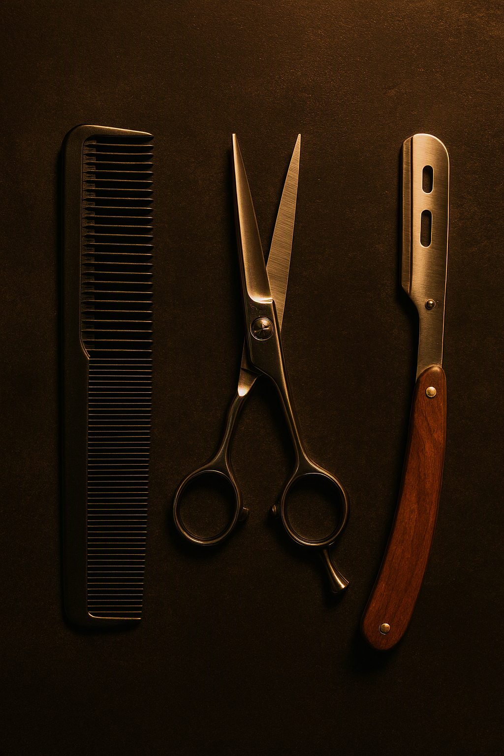 Comb, scissors, and a wooden-handled straight razor laid out