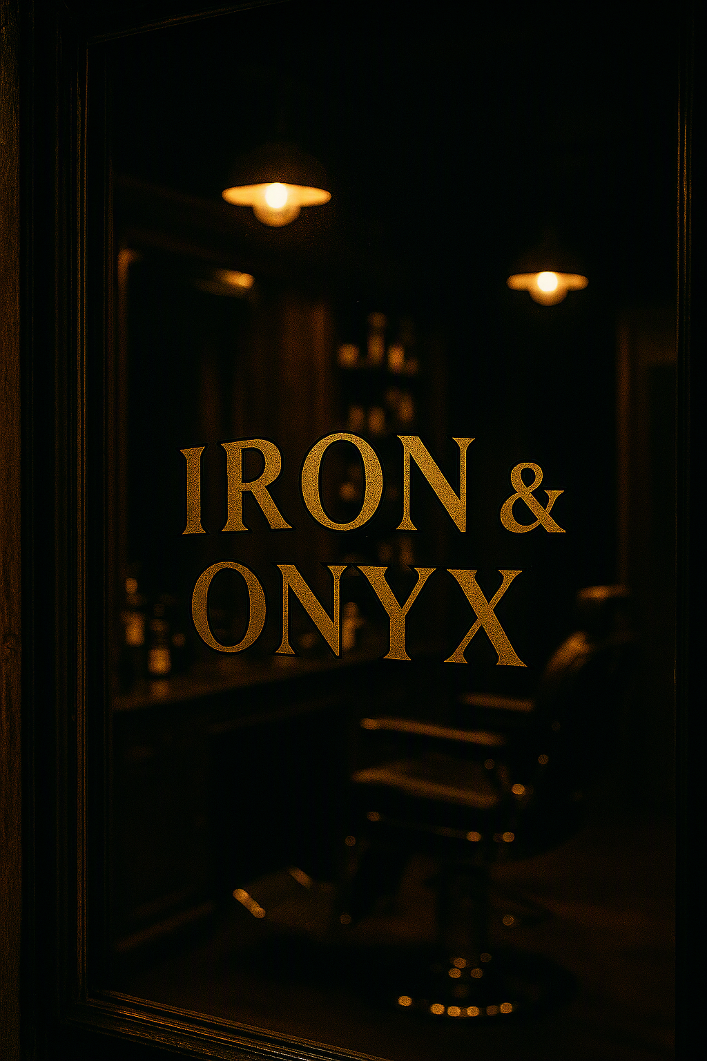 The Iron and Onyx name lettered in gold on the shopfront window