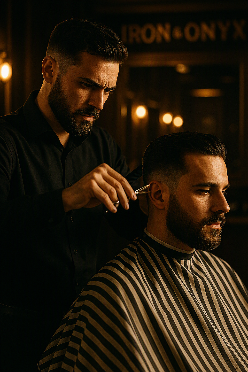 A barber trimming a bearded client with scissors