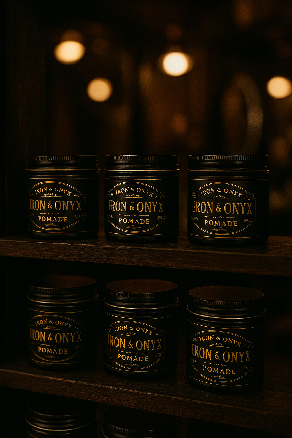 A shelf of Iron and Onyx pomade jars