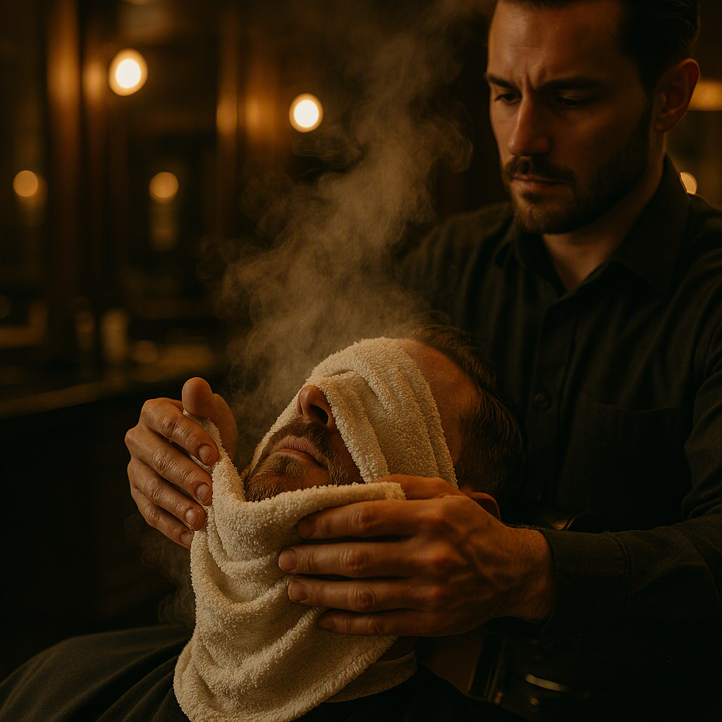 A hot-towel shave, a steaming towel wrapped around a client's face