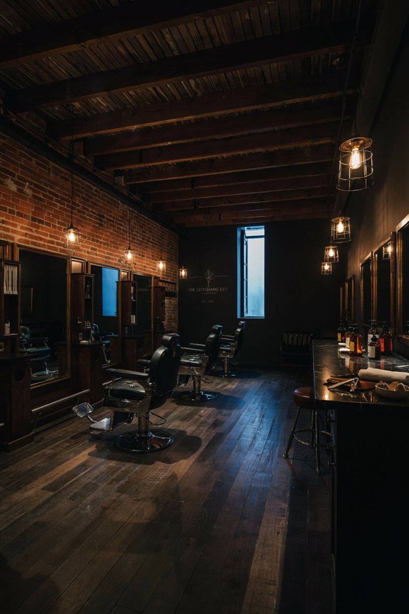 The shop interior with brick walls, wood beams, and barber chairs
