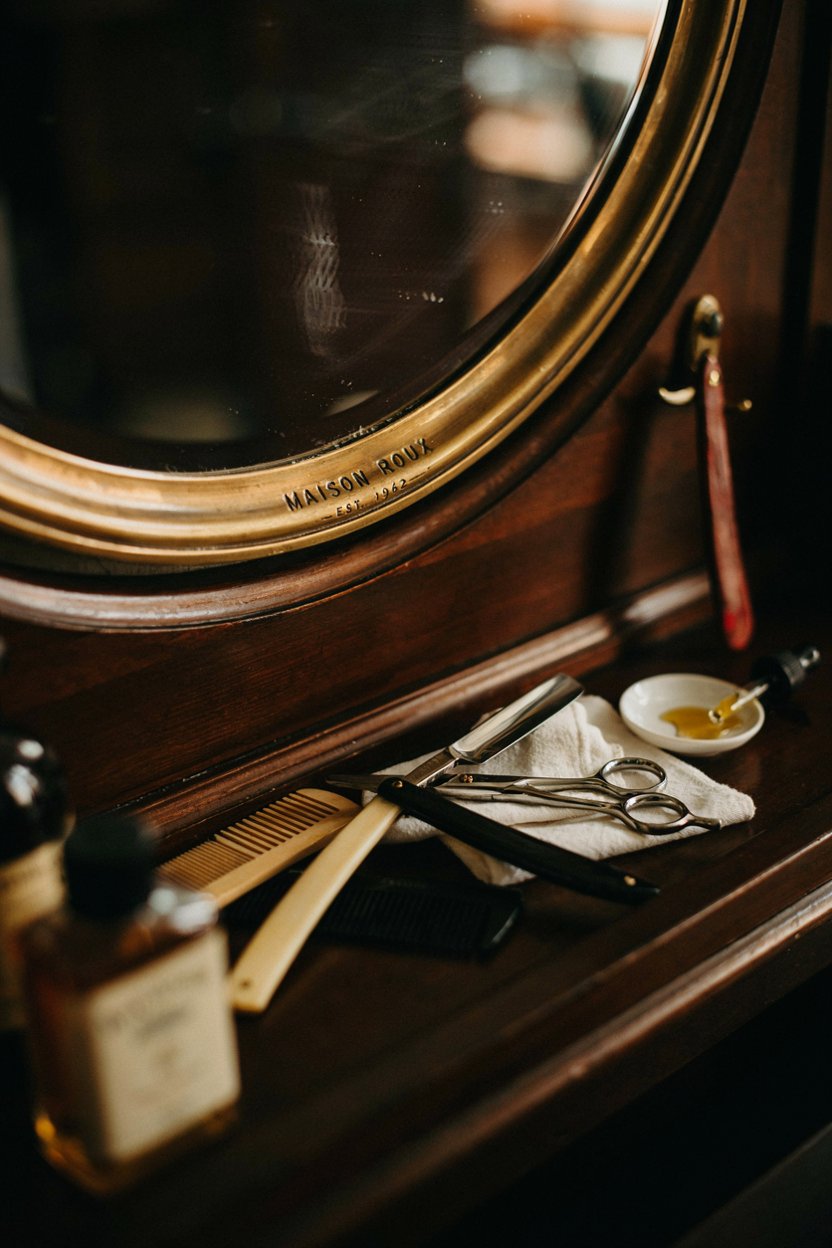 An antique brass vanity mirror with razor, scissors, and shave oil