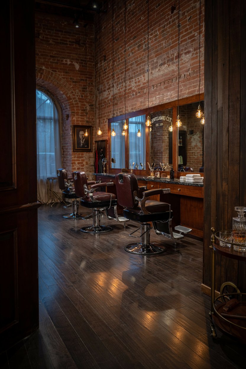 A row of vintage leather barber chairs against exposed brick